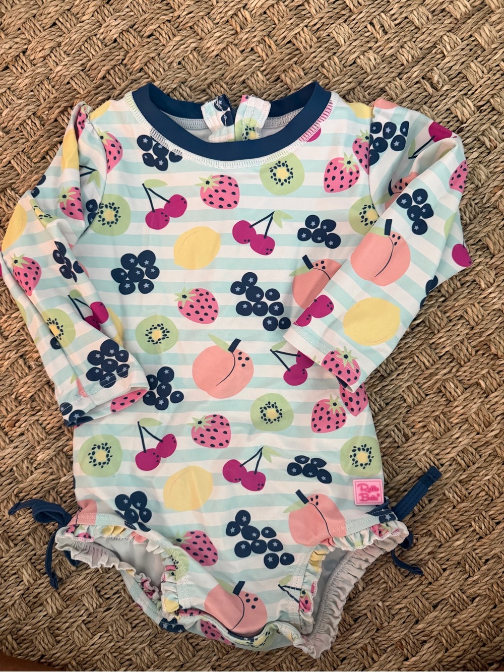Ruffle Butts Fruit-Print Long Sleeve One-Piece Swimsuit - Pink/Blue